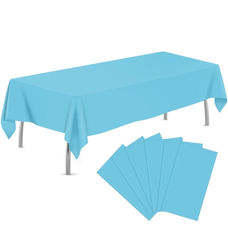 tujol Light Blue 6 Pack Plastic Table Cloth 54 x 108 Disposable Tablecloths Rectangle Table Cover Plastic Tablecloths for Parties