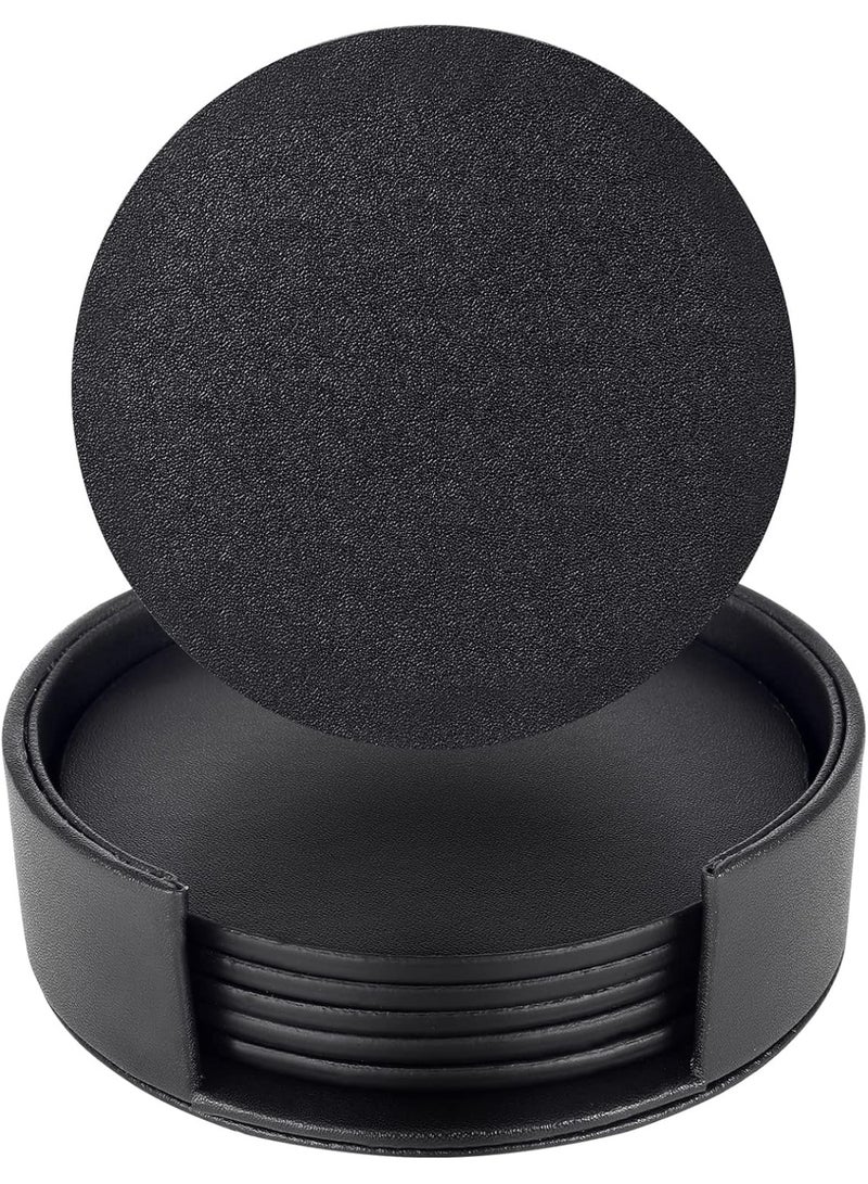 Coasters for Drinks with Holder Black Round Coasters Set PU Leather Cup Mats for Coffee Beer Tea Mug Wine Pub, Drink Coasters Set of 6 - Image 1