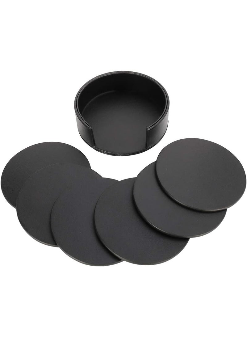 Coasters for Drinks with Holder Black Round Coasters Set PU Leather Cup Mats for Coffee Beer Tea Mug Wine Pub, Drink Coasters Set of 6 - Image 4