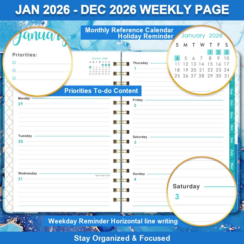 Coboll 2026 Planner - Planner 2026, January - December Weekly and Monthly Planners, 8.5" x 6.4", with Elastic Closure + Back Pocket + Thick Paper - Image 4