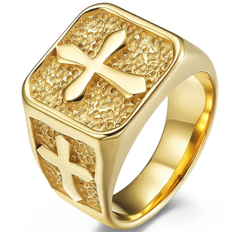 Jude Jewelers Stainless Steel Signet Style Christian Cross Religious Cocktail Party Biker Statement Wedding Ring (Gold, 11) - Image 1