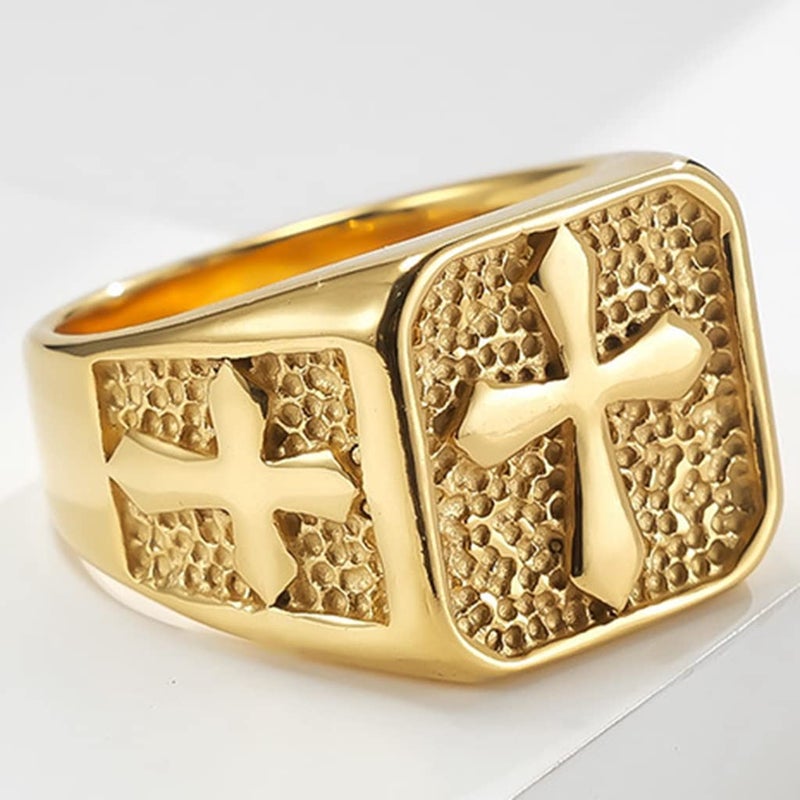 Jude Jewelers Stainless Steel Signet Style Christian Cross Religious Cocktail Party Biker Statement Wedding Ring (Gold, 11) - Image 2