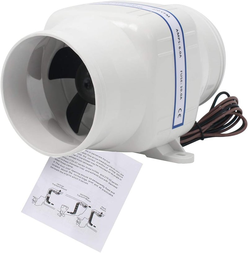 NovelBee 12V 270CFM Electric 4" in-Line Marine Bilge Air Blower with Six Blade Fan Maximize Air Flow and Efficiency - Image 1