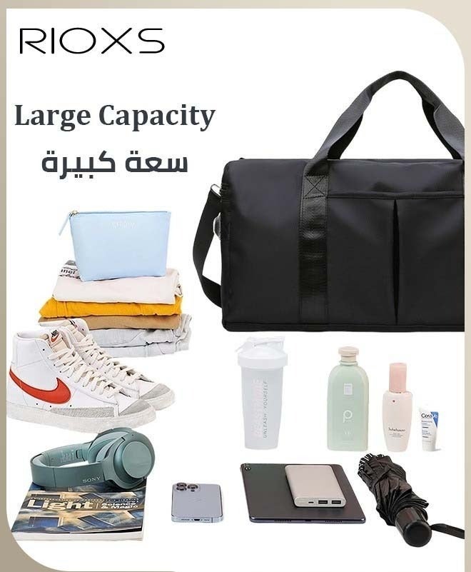 ريوكس حقيبة رياضية للجنسين، حقيبة رياضية محمولة مع مقصورة للأحذية، حقيبة سفر خفيفة الوزن ومقاومة للماء للطائرة، حقيبة رياضية متينة للرجال والنساء، حقيبة أمتعة كبيرة السعة للسفر والرياضة والنادي الرياضي، حقيبة سفر، أسود - Image 2