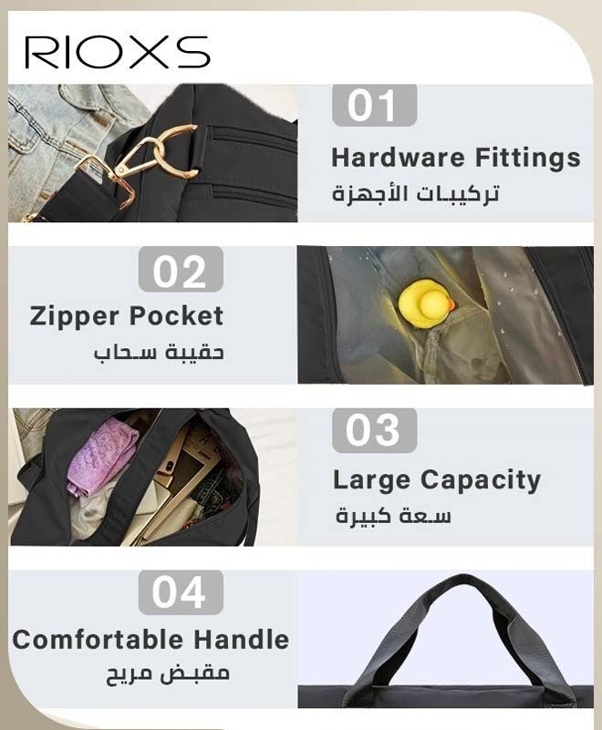 ريوكس حقيبة رياضية للجنسين، حقيبة رياضية محمولة مع مقصورة للأحذية، حقيبة سفر خفيفة الوزن ومقاومة للماء للطائرة، حقيبة رياضية متينة للرجال والنساء، حقيبة أمتعة كبيرة السعة للسفر والرياضة والنادي الرياضي، حقيبة سفر، أسود - Image 3