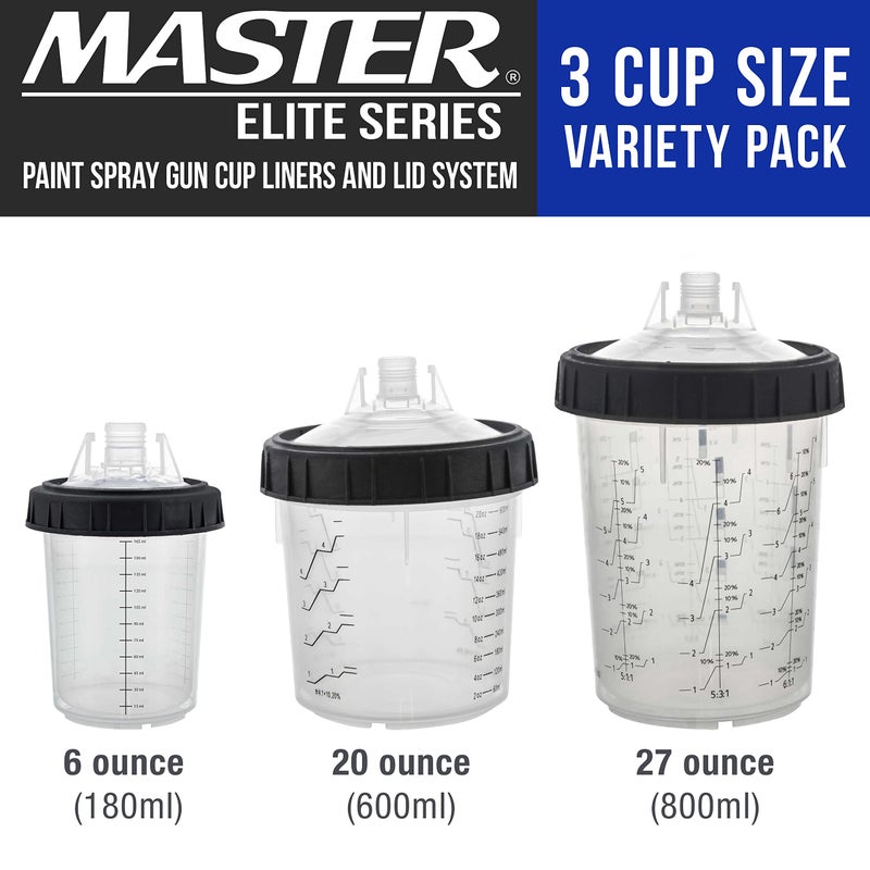 Master Airbrush Master Paint System 3 Cup Size 6 oz, 20 oz, 27 oz Variety Pack Set, MPS Disposable Paint Spray Gun Cup Liners and Lid System, 6 Pack Kit of Each Size, Lids with Strainers, Hard Cups, Retainer Rings - Image 2