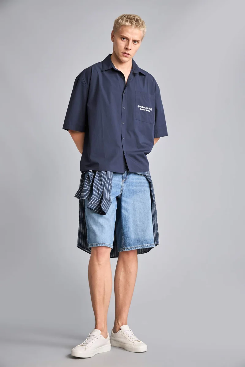 Defacto Boxy Fit Shirt Collar Printed Cotton Short Sleeve Shirt