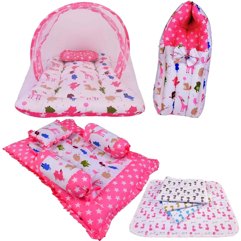 Kwitchy Combo of Baby Mattress with Net Sleeping Bag 4 Pcs Bedding Set 4 Nappy Changing Sheets Pink 06 Months 4PCS Set
