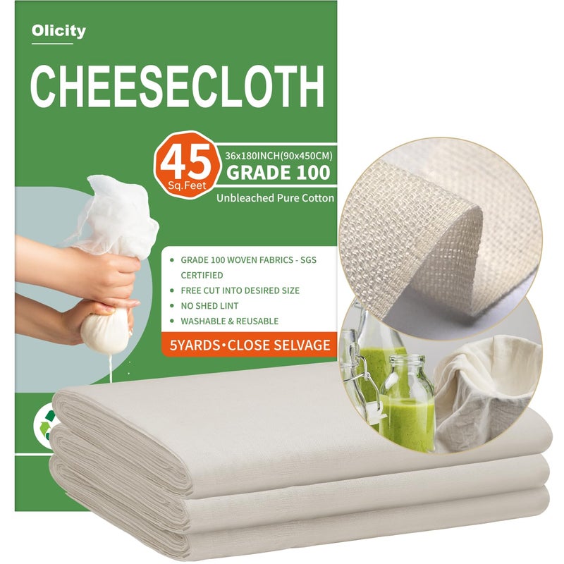Olicity Cheese Cloths, Grade 100, 45 Sq Feet, Reusable Cheese Cloth with Closed Edges Fabric Fine Mesh Cloth, Unbleached Cotton Muslin Cheesecloth for Straining, Baking, Milk, Free Cutting - 5 Yards - Image 1