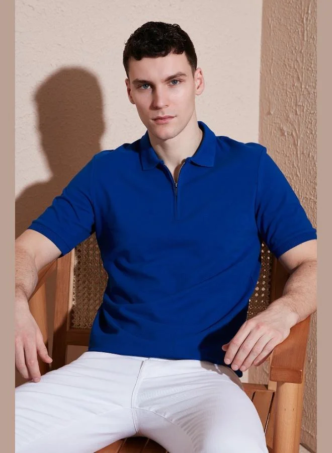 بوراتي تيشيرت بولو رجالي قطن بياقة سحاب نصفي مقاس عادي