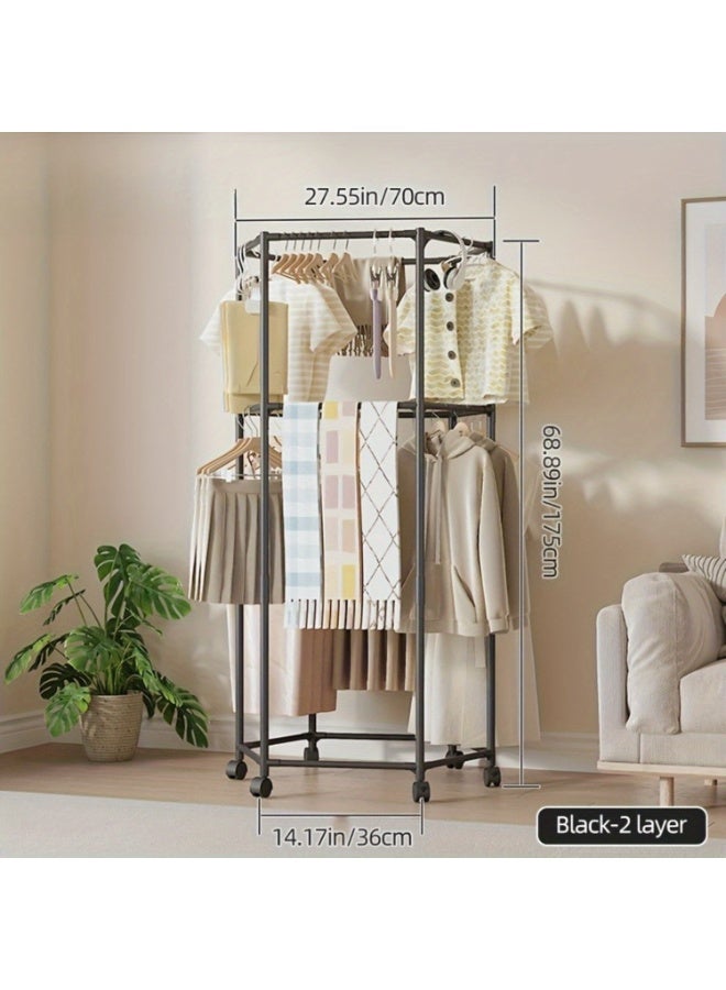 WALALLA Heavy-Duty Adjustable Clothes Drying Rack - 2-Tier Metal Shelves + Hanging Rods | Multi-Position Space-Saving Organizer for Bedroom, Bathroom & Closet | Sturdy Floor Standing Design (Black) - Image 2