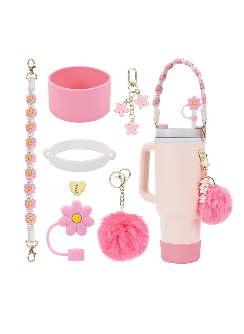 Generic - Stanley Cup Accessories Set, Including Water Bottle Handle Strap, Silicone Stanley Cup Boot, Silicone Straw Cover, Stanley Charms for Stanley Cup 40oz & 30oz Tumbler(Pink) - Image 1