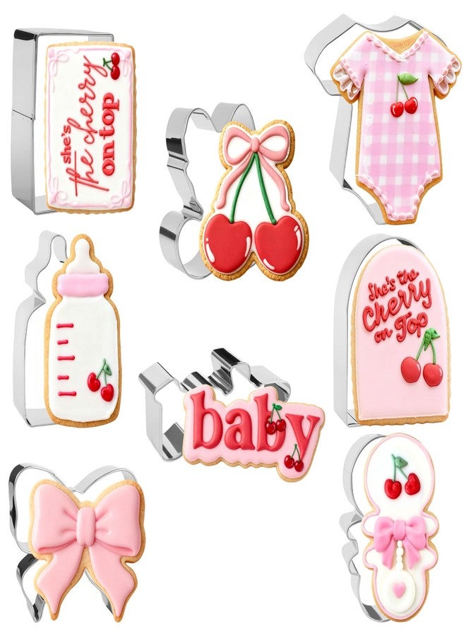 CORNER LACE 8 Pieces Cherry With Bow Cookie Cutters Set - Stainless Steel Cookie Biscuit Cutting Molds for Rattle Bottle Onesie Welcome Baby Girls Shower Party DIY Craft Home Baking Supplies - Image 1