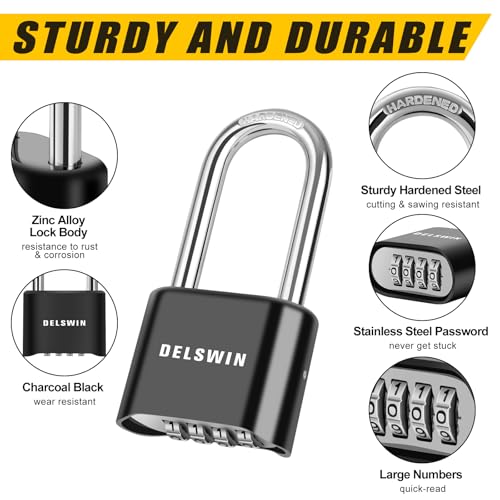 DELSWIN Combination Lock Outdoor Padlock - Weatherproof Extended 2-1/2 in. Long Shackle Combination Padlock for Gate, Shed, Trailers, and Sports Lockers(Black,2Pcs) - Image 4