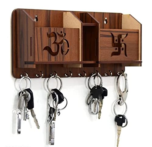 Wooden Om Swastik Design with Mobile Key and Pen Holder Stand for Home Wall Office Hall Living Room Brown  - Image 1