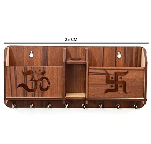 Wooden Om Swastik Design with Mobile Key and Pen Holder Stand for Home Wall Office Hall Living Room Brown  - Image 2