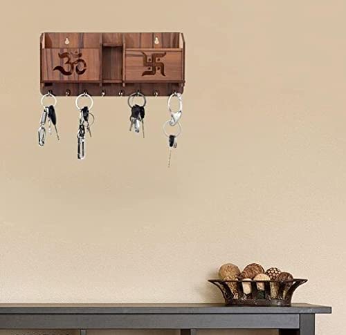 Wooden Om Swastik Design with Mobile Key and Pen Holder Stand for Home Wall Office Hall Living Room Brown  - Image 3