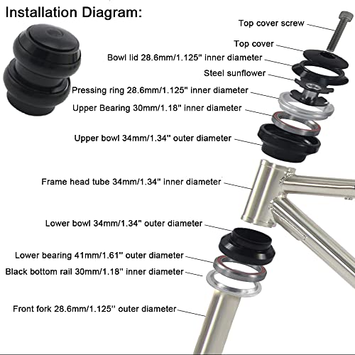 CYDZSW 1-1/8'' Threadless Bike Headset for Bikes Fork,with Spacers Star Nut Stem Cap and Bearings,Fit for MTB Mountain Race Bicycle BMX Scooter Headset Parts 34mm - Image 2