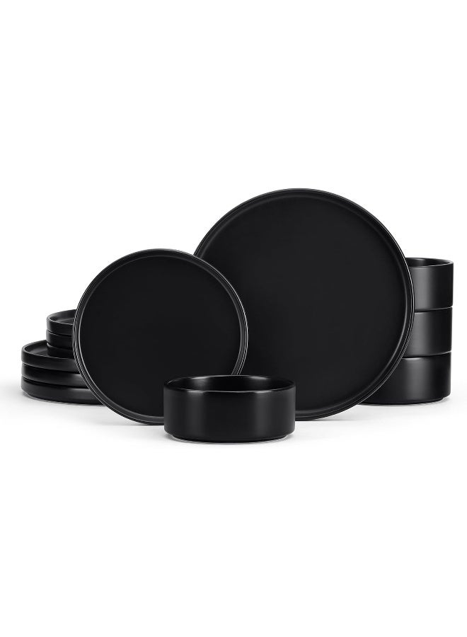 E-far Efar Stoneware Dinnerware Sets 12Piece Plates and Bowls Dish Set for 4 Kitchen Modern Dinning Ware Chip and Scratch Resistant Microwave Dishwasher Safe Matte Black - Image 1