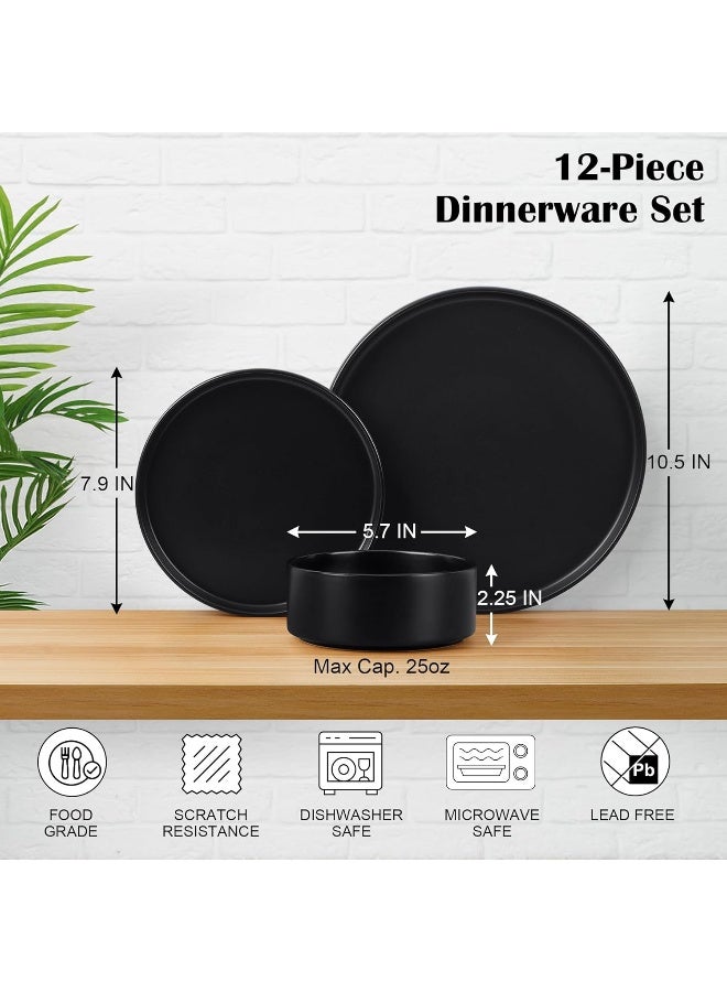 E-far Efar Stoneware Dinnerware Sets 12Piece Plates and Bowls Dish Set for 4 Kitchen Modern Dinning Ware Chip and Scratch Resistant Microwave Dishwasher Safe Matte Black - Image 2