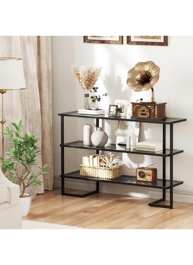 HOME TASTE Hometaste Contemporary Chic: 3-Tier Black Tempered Glass Console Table – Ideal Entryway Living Room And Hallway Accent Piece With Sleek Metal Frame – Ready-To-Use Hallway Console Table  - Image 1