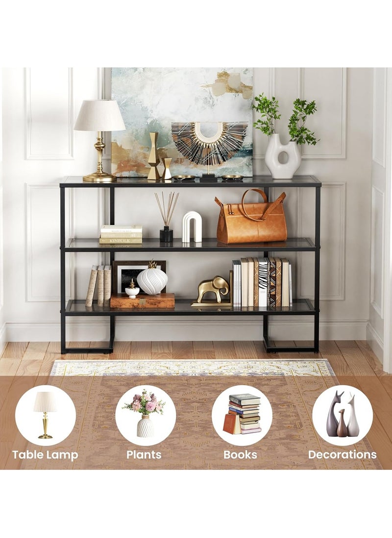 HOME TASTE Hometaste Contemporary Chic: 3-Tier Black Tempered Glass Console Table – Ideal Entryway Living Room And Hallway Accent Piece With Sleek Metal Frame – Ready-To-Use Hallway Console Table  - Image 5