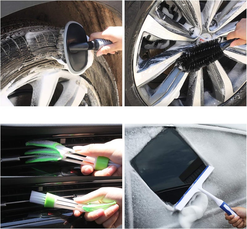 AUTODECO مجموعة أدوات تنظيف لغسيل السيارات مكونة من 22 قطعة، تشمل أدوات لتفاصيل السيارة وحقيبة قماش بلون أخضر زيتوني ودلو قابل للطي وقفازات للغسيل ومناشف وفرشاة للإطارات ومكنسة للنوافذ ومسحوق تنظيف، مجموعة كاملة لعناية داخلية بالسيارة. - Image 5