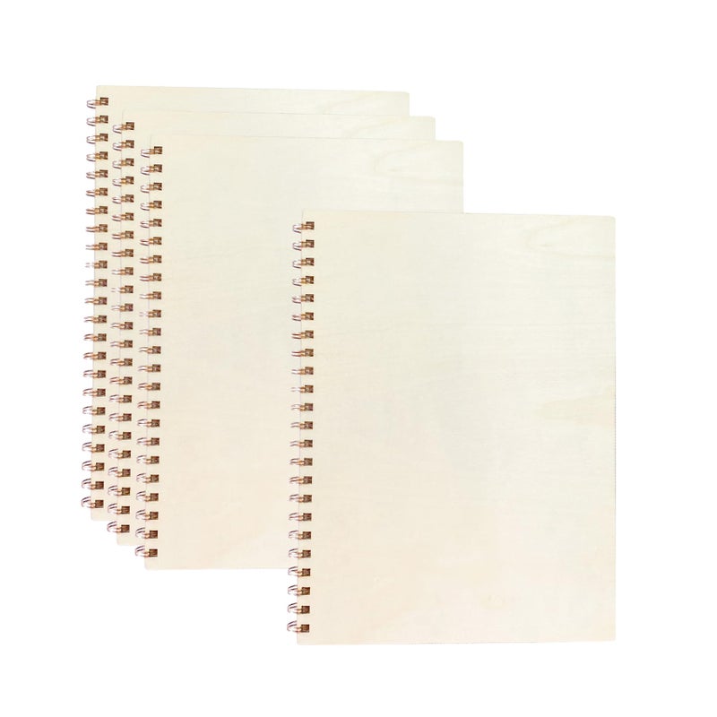 Cregugua 4 Pack A4 Wood Cover Jounal Notebook 80 pages Sketchbook 9x12 Inch Unlined Spiral Notebook for Crafts - Image 1