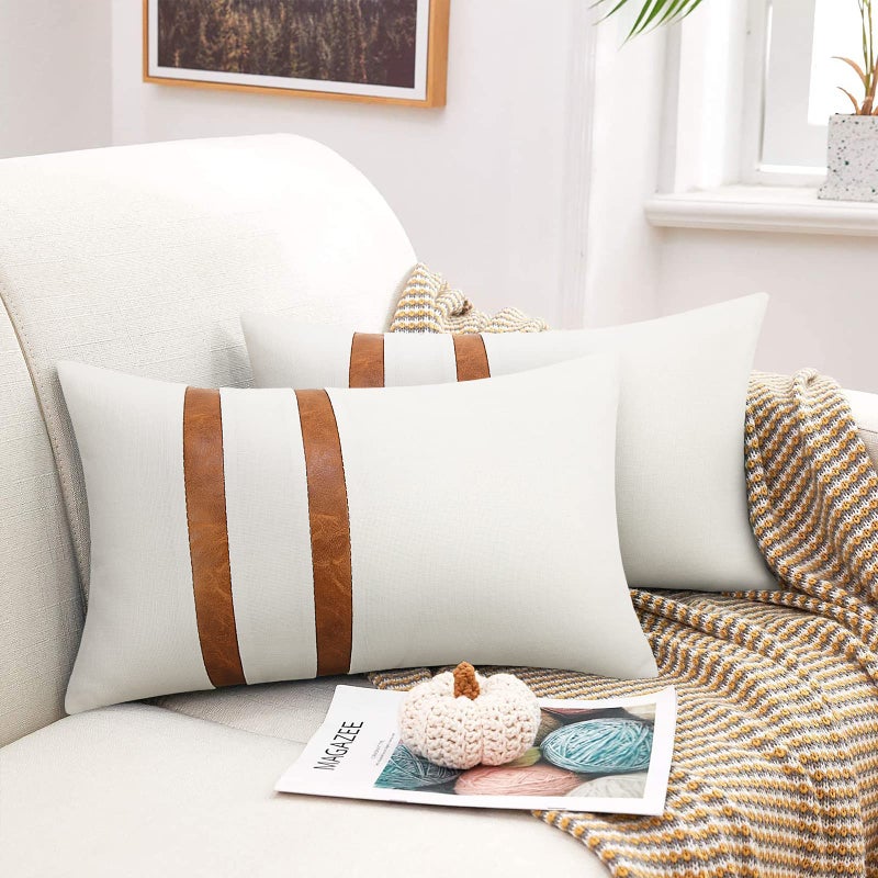 Merrycolor Pack of 2 Faux Leather Pillow Covers 12x20 Brown Leather Lumbar Pillow Cover Rectangle Modern Farmhouse Decorative Accent Cushion Covers for Couch Sofa(Brown and White)