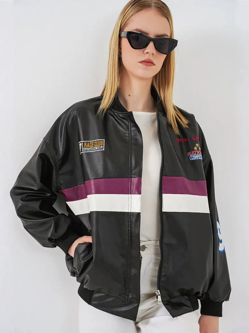 بيغ دارت BDART Fitted Crop Faux Leather Bomber Jacket with Bow
