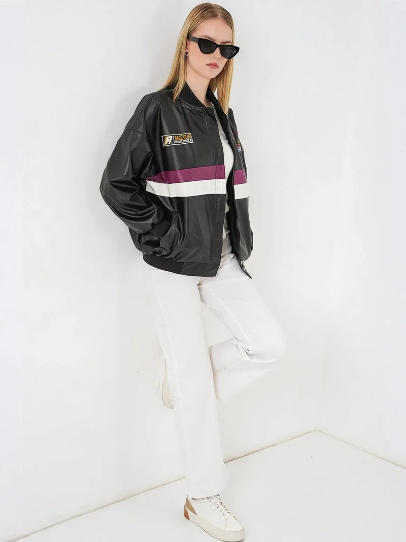 بيغ دارت BDART Fitted Crop Faux Leather Bomber Jacket with Bow