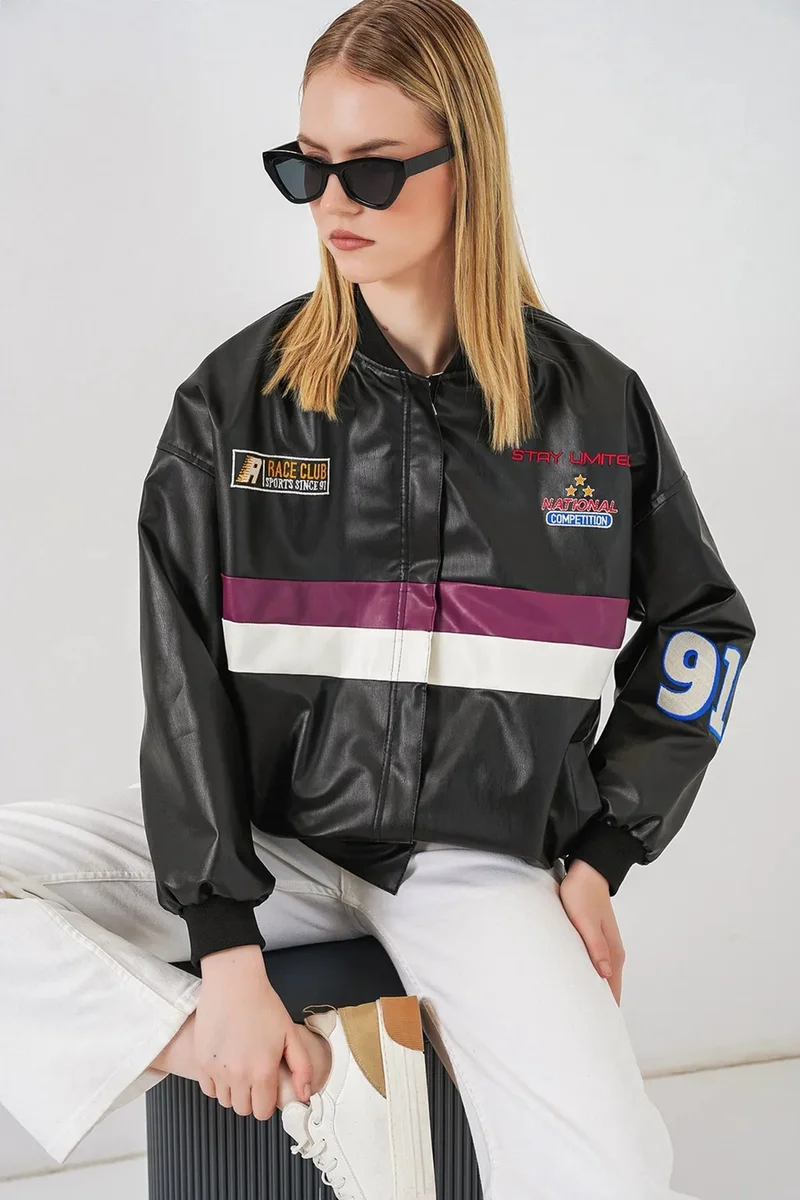 Big Dart Multicolor BDART Fitted Crop Faux Leather Bomber Jacket with Bow for Women | Best Price UAE