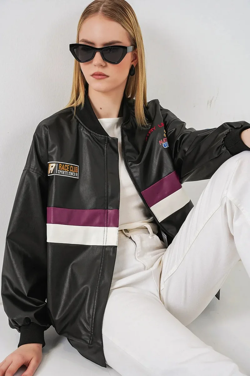 Big Dart Multicolor BDART Fitted Crop Faux Leather Bomber Jacket with Bow for Women | Best Price UAE