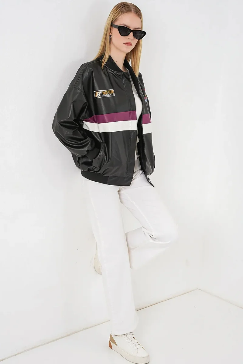 Big Dart Multicolor BDART Fitted Crop Faux Leather Bomber Jacket with Bow for Women | Best Price UAE