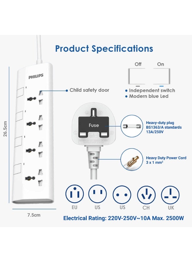 Philips 4-Way Universal Power Extension Cord with Individual Switches,( 3m) Heavy-Duty 3x1mm² Cable, 2500W Overload & 750°C Fire-Resistant Protection, 10A Fuse, ESMA Certified Safety Standard, UK Plug – Ideal for Home & Office – White 4-Way Power Extension 3M- White - Image 4