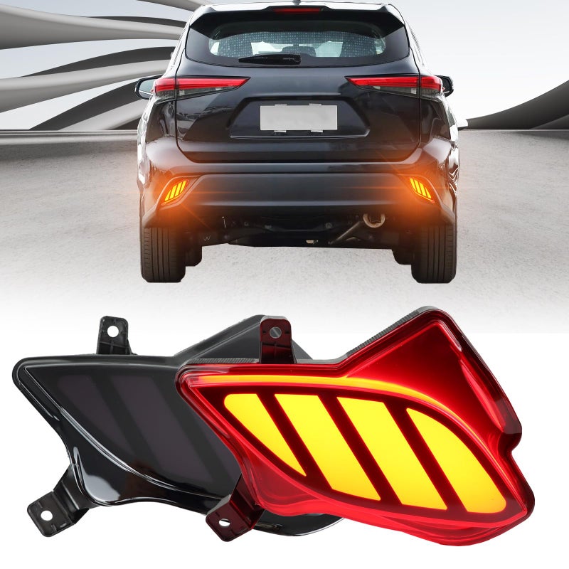 PGTOPONE Smoked LED Rear Reflector Fog Daytime Running Lamp Dynamic Sequential LED Turn Signal Light Function Compatible with Toyota Highlander 4TH 2021 2022 2023 SE LE XSE