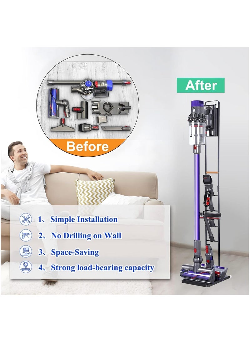 Rubik حامل مكنسة كهربائية بعجلات لـ Dyson V15 V11 V10 V8 V7 V6 DC30 DC31 DC34 DC35 DC58 DC59 DC62 DC74 Dreame T30 T20 V12 V11 V10 وحامل الملحقات رف أرضي معدني (أسود)  - Image 4