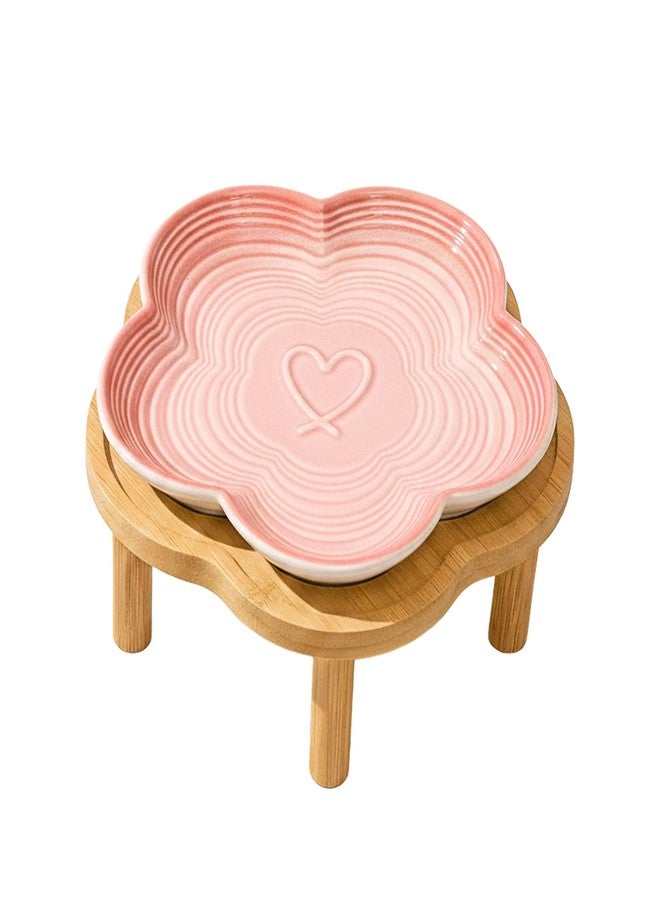 PawsPik Flower Ceramic Cat Feeding Plate with Raised Bamboo Stand, Elevated Whisker-Friendly Pet Bowl, Anti-Slip Stable Design, Dishwasher Safe (Pink) - Image 1