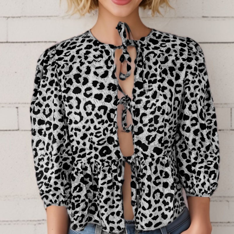 Womens Lace-Up Front Top Leopard Print Ruffled Doll Top 3/4 Length Puff Sleeve gray leopard print