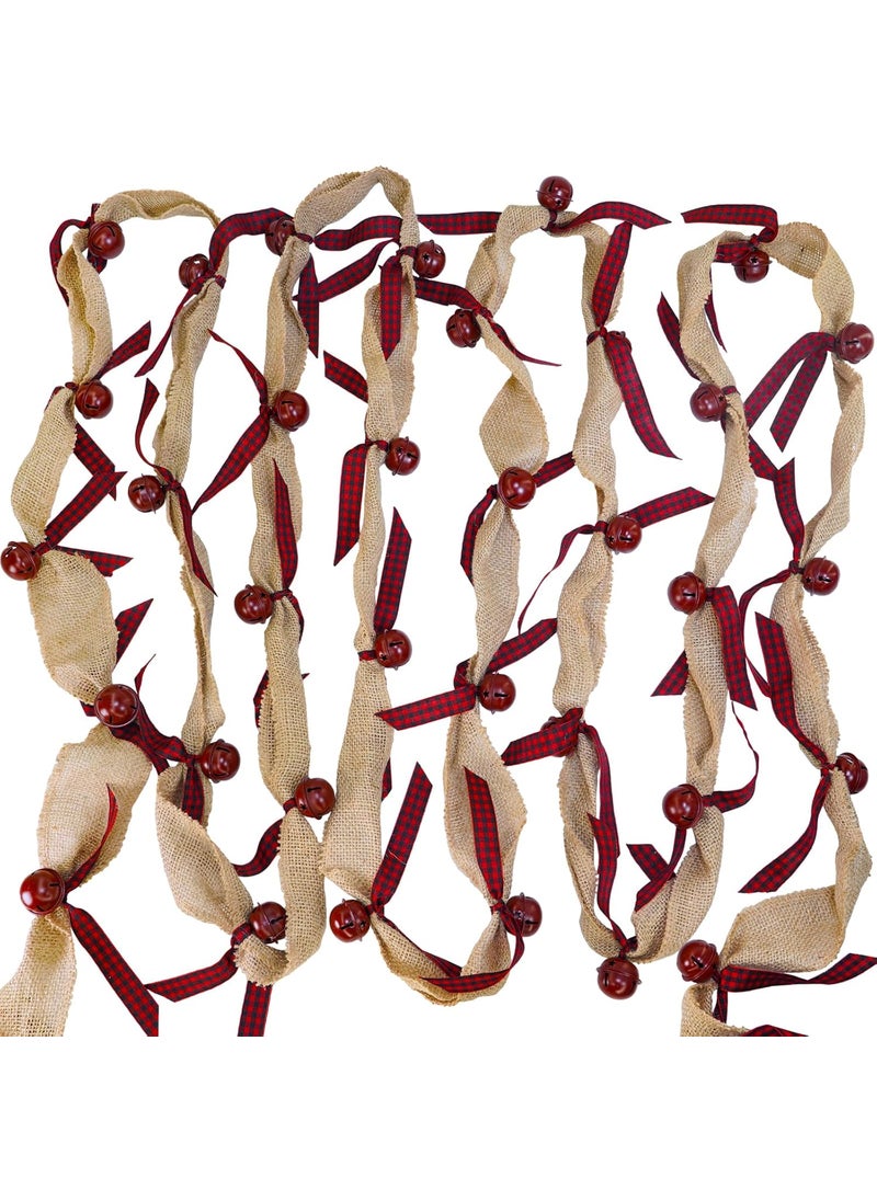 Winlyn Winlyn Rustic Sleigh Bell Garland  6 Yards Burlap with Buffalo Plaid Ribbon  Metal Jingle Bells  Farmhouse Christmas Tree  Banister Mantel Decoration  - Image 1