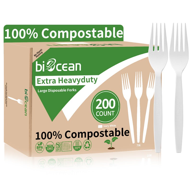 Biocean Extra Heavyduty Compostable Forks [200 Count 7In] Disposable Cutlery No Plastic Forks Large Biodegradable Utensils Eco Friendly Silverware Serving Flatware for Party Daily Use BBQ Picnic - Image 1