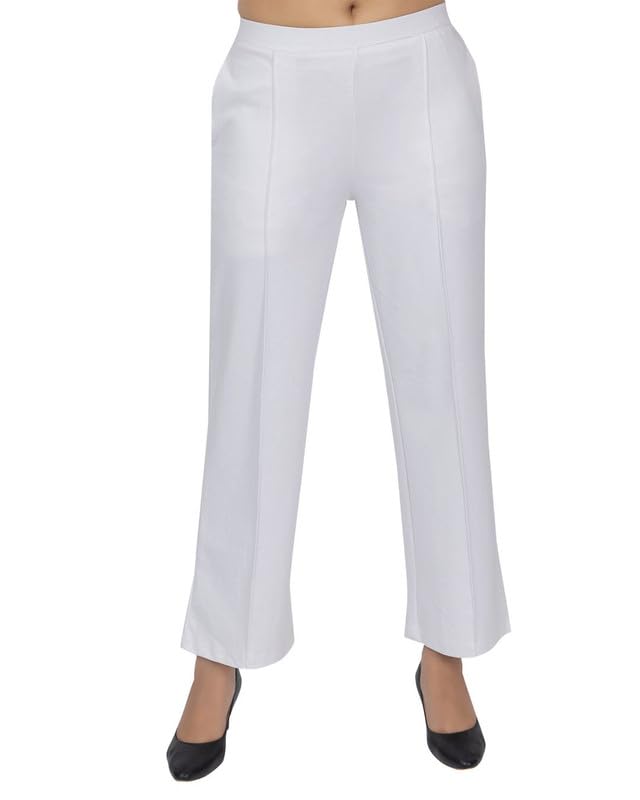 Mlada Store Mlada Mid Waist Wide Leg Flared Pants Elastic Waist Band for Women Office Work Formal Wear Stretch Cotton Knit Flare Pants Utility Pockets Extra Flare Pants Trousers for Travel White - Image 1
