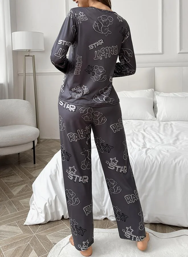 Take Two Take Two Rabbit Print Long Sleeve T-Shirt and Pyjama Set