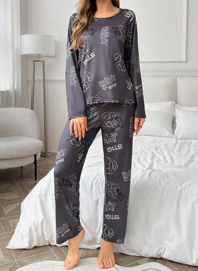 Take Two  Take Two Rabbit Print Long Sleeve T-Shirt and Pyjama Set for Women | Best Price UAE