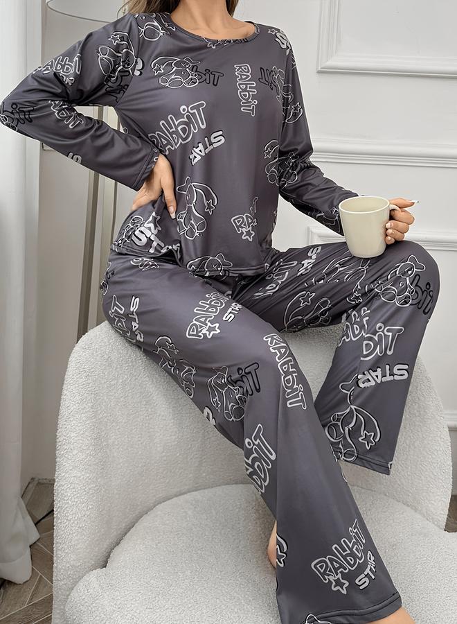 تايك تو طقم تيشيرت بأكمام طويلة بطبعة أرنب مع بنطال - Image 5