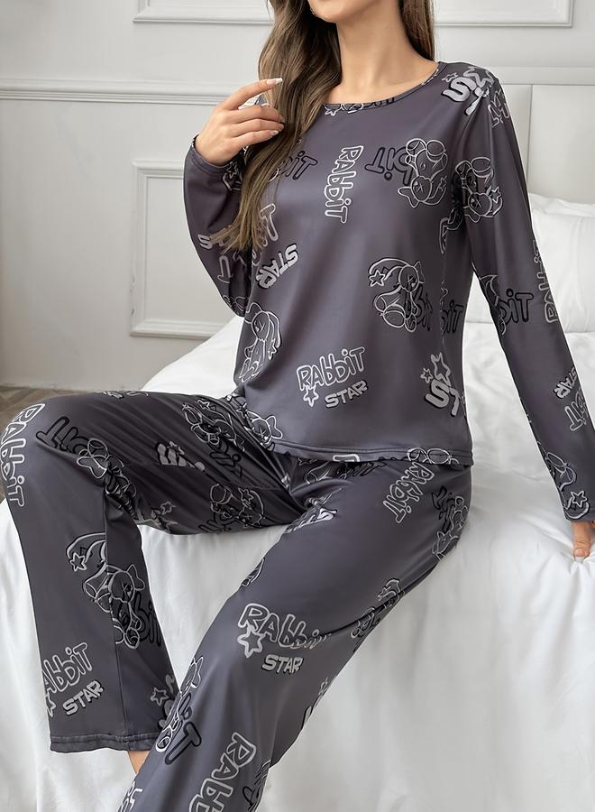 تايك تو طقم تيشيرت بأكمام طويلة بطبعة أرنب مع بنطال - Image 1