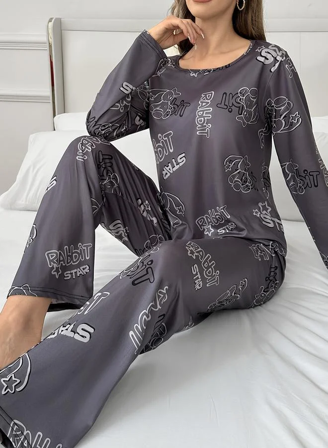 Take Two  Take Two Rabbit Print Long Sleeve T-Shirt and Pyjama Set for Women | Best Price UAE