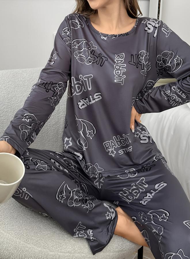 تايك تو طقم تيشيرت بأكمام طويلة بطبعة أرنب مع بنطال - Image 4