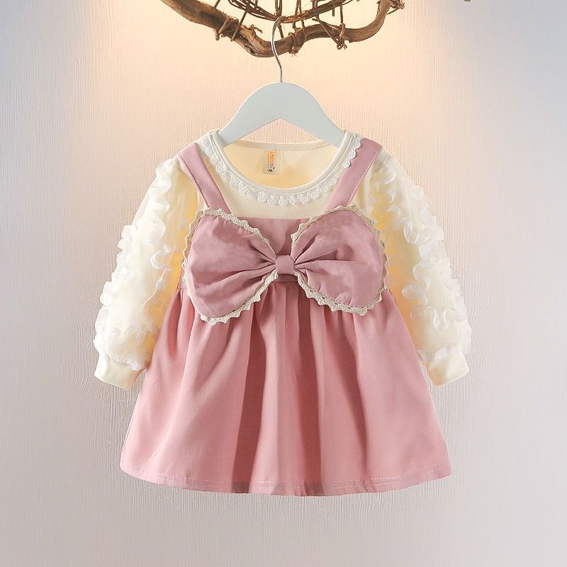 Girls 2024 Spring and Autumn New Arrival Western Style Dress Childrens Long-Sleeved Bow Babys Flower Gauze Princess Dress JJ Mind Pink 