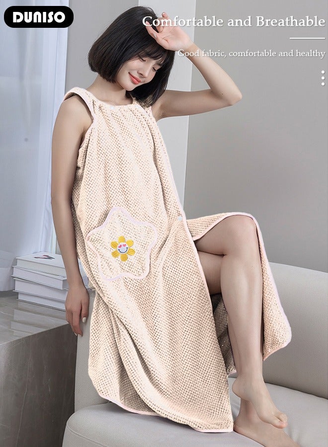 DUNISO Women Bath Robe With Pocket, Off-shoulder Wearable Bath Towel With Snap Button, Bathrobe Suitable For Sauna Beach Swimming Pool Gym Travel - Image 3